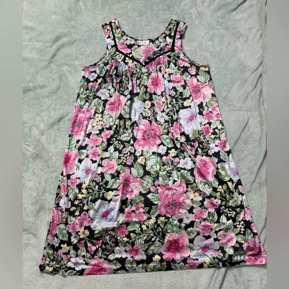 Vintage Vanity Fair Black Floral Slip with Pink and Green Accents